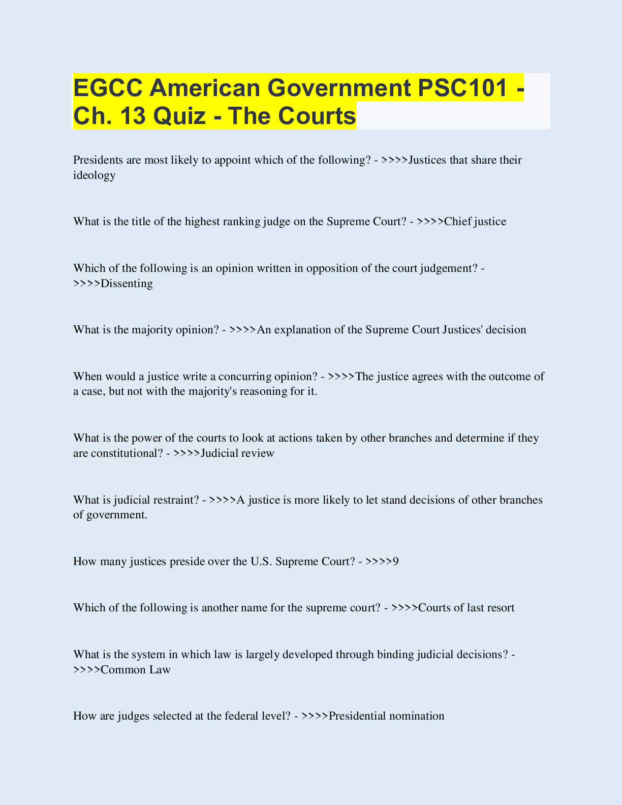 Preview of EGCC American Government PSC101 - Ch. 13 Quiz - The Courts  | with 100% Correct Answers |